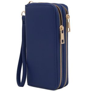 Double Zip Around Pu Leather Wristlet Wallet Navy :>